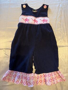 Shrimp & Grits Navy Corduroy Girls Romper with Pink Elephant Smocked Size 12M